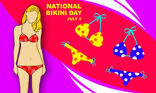 stock vector a female model wearing a red bikini. yellow and blue bikinis with different patterns and bold text commemorate national bikini day on july 5th