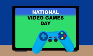 Ulusal Video Oyunu Günü anısına video oyunu joystickleri, televizyon ve kalın bir metin