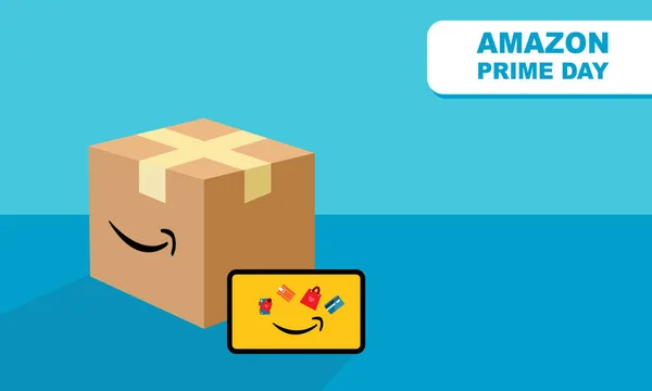 Amazon Prime simgesine sahip bir kutu seti ve Amazon Prime Day anısına parlak mavi arkaplanı olan bir tablet telefon.