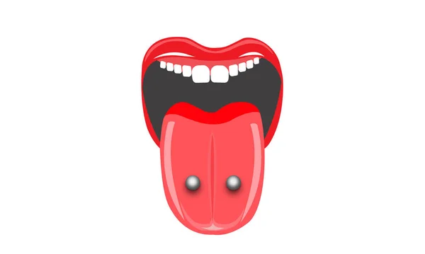 口和舌被两个钛银穿孔的图例 通常称为 毒液穿孔 是一种双舌穿孔 — 图库矢量图片