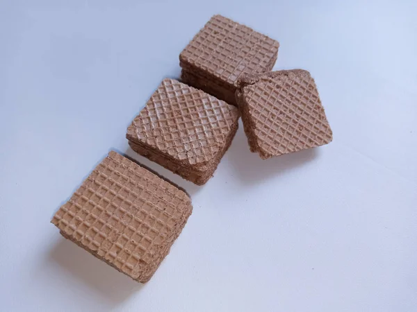 Biscotti Wafer Cubo Disposti Con Uno Sfondo Bianco Spazio Copia — Foto Stock