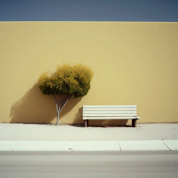 Cute little minimalist tree and bench front of big wall 3d illustrated