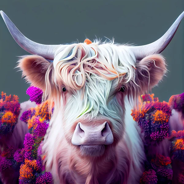 Colorful strong bull with flowers, Happy ox with horns, Cute happy cow
