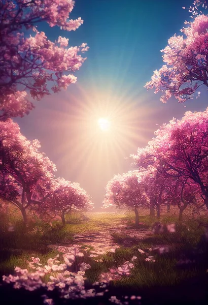 Beautiful untouched nature with sun shine 3d illustrated