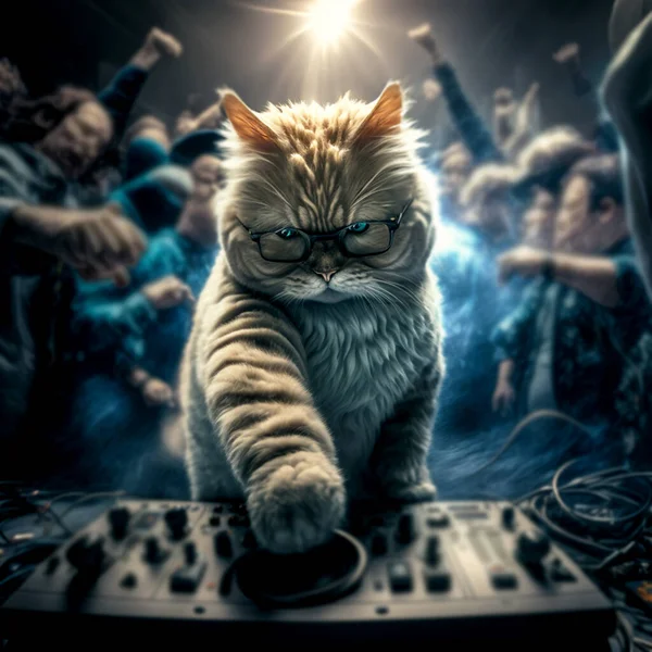 Cute DJ cat with glasses using DJ stand at party with big crowd 3d illustrated