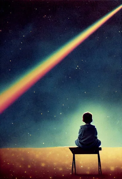 Kid watches rainbow at space 3d illustrated