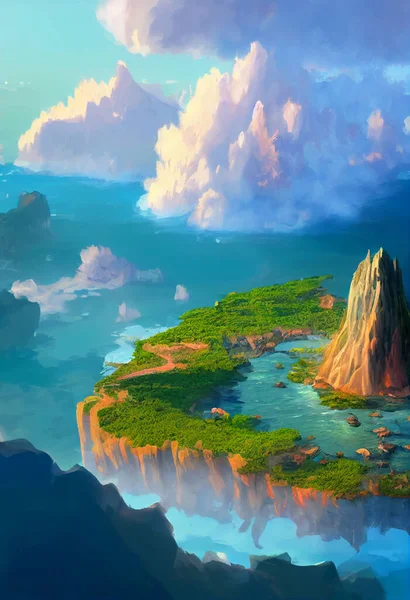 Horizontal shot of a peaceful magical mystical paradise 3d illustrated