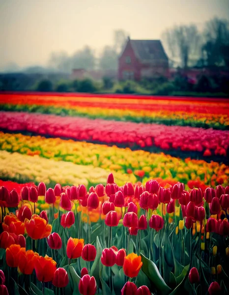 Dutch mill with colorful tulips 3d illustrated
