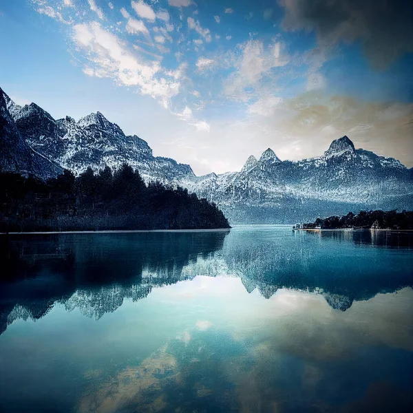 Nature with lakes and mountains at winter 3d illustrated