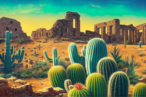 Desert with ancient buildings 3d illustrated