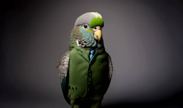 Vertical shot of parakeet in suit, spirit animal