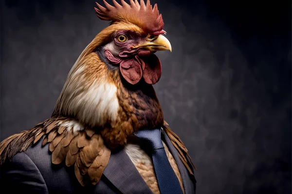 Vertical shot of rooster in suit, spirit animal