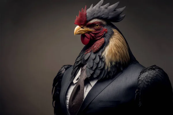 Vertical shot of rooster in suit, spirit animal