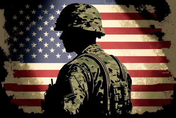 Brave American soldier with American flag background