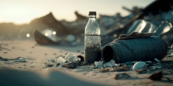 Vertical shot of beach pollution with plastic bottles, cracked glass and scrap leather