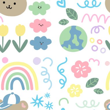 Şirin Dikişsiz desen renkli çiçekli. Vektör çizim.