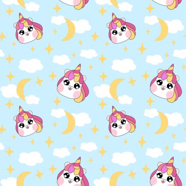 Tek boynuzlu at ve ay desenli şirin bir bebek çizgi filmi.