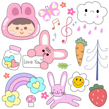 Sevimli çizgi film çıkartmaları, çıkartmalar, çıkartmalar, çıkartmalar, yamalar, yamalar. Etiketler, çıkartmalar, çıkartmalar için beyaz arkaplanda izole edilmiş vektör illüstrasyonu