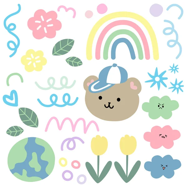 Vektor Illustration Des Niedlichen Cartoon Bären Mit Hut Und Blumen — Stockvektor
