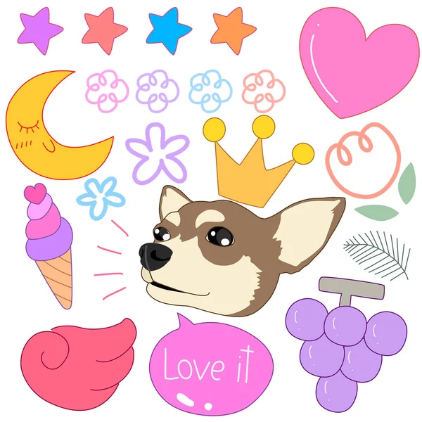 图上的是可爱的哈士奇与狗 狗和狗的心形图案 头戴花冠 头戴樱桃 — 图库矢量图片
