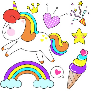 Şirin tek boynuzlu at çizgi film vektör çizimi