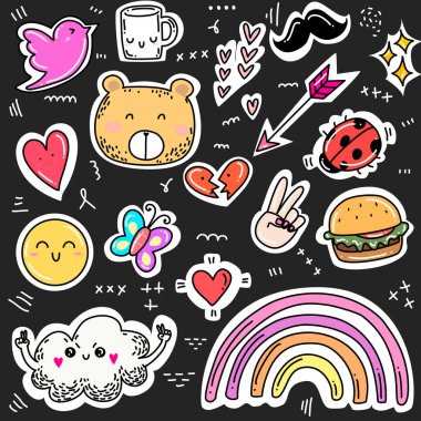 Üzerinde yamalar, çıkartmalar ve yamalar olan şirin çıkartmalar..