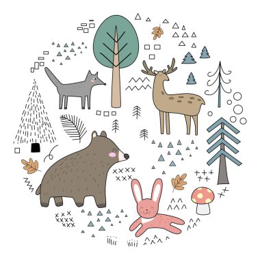 Şirin orman hayvanlarının vektör çizimi. Hayvanlar, geyikler, geyikler, geyikler ve ağaçlar. karikatür el çizimi çizimi.