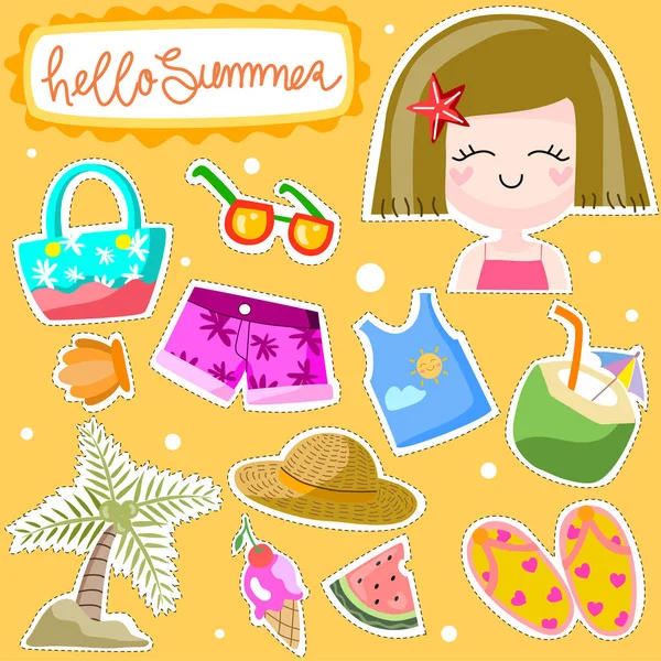 Sommer Vektorillustrationsset Nettes Mädchen Mit Hut Sonnenbrille Blumen Seestern Sonnenbrille — Stockvektor