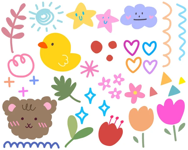Conjunto Vetor Bonito Desenhos Animados Flores Corações Ilustração Vetorial —  Vetores de Stock
