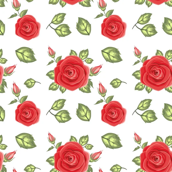 Patrón Sin Costura Vector Con Rosas Rojas Dibujadas Mano Hojas — Archivo Imágenes Vectoriales