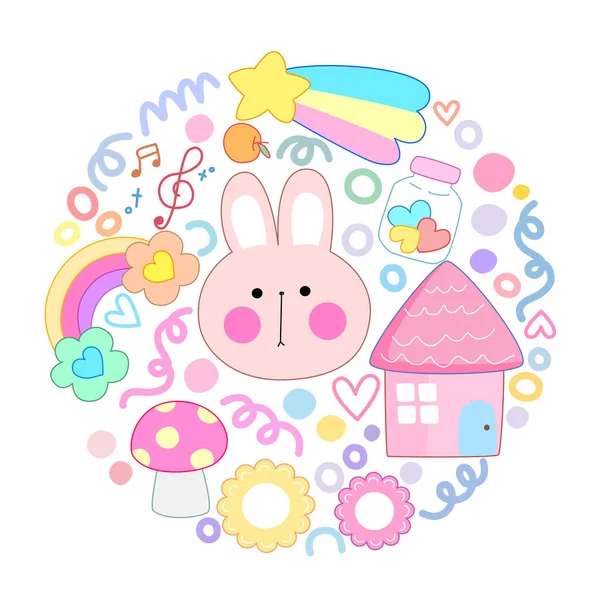 Vector Illustration Cute Rabbit Rainbow Circle — Stock Vector