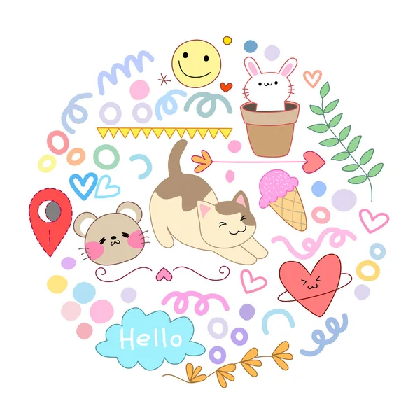 Cute Cartoon Cat Colorful Circle Vector Illustration — Stock Vector