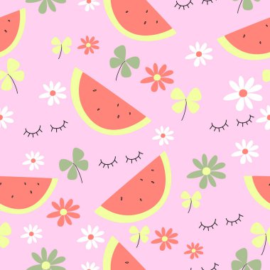 Karpuz ve çiçeklerle kusursuz desen. Vektör illüstrasyonu.