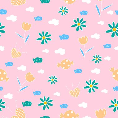 Çiçekler ve uğur böcekleriyle kusursuz desen. Vektör illüstrasyonu.