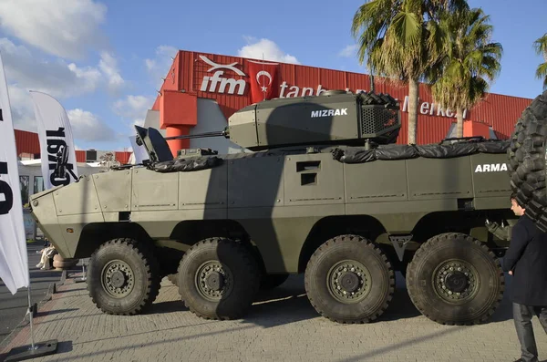 stock image Istanbul Turkey. October 2022. Arma Tactical Wheeled Armored Vehicle and Mzrak Weapon Tower, Otakar Armored Vehicle, Saha Expo Fair.