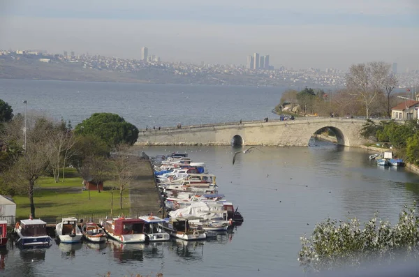 Istanbul Turkey, December 2022, Kkekmece Historical Mimar Sinan Bridge, Lake View and Fisherman's Shelter.