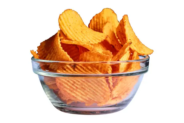 Potato Chips Glass Bowl Isolated White Background Potato Chips Isolated — Stok Foto