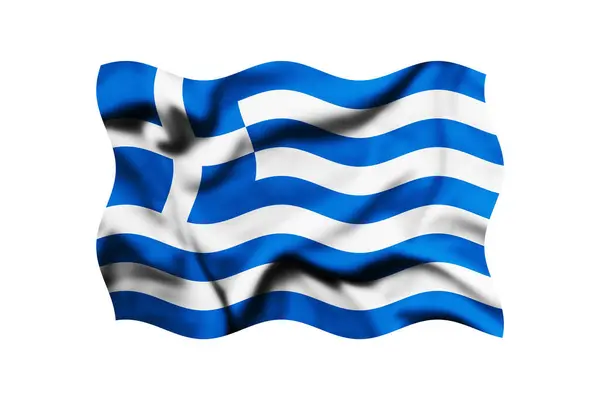 Rüzgarda dalgalanan Yunanistan bayrağı beyazın üzerinde izole edilmiş. 3D görüntüleme. Kırpma yolu dahil