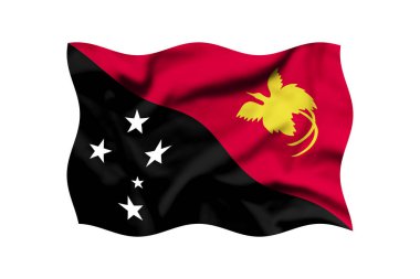 Beyaz arka planda PAPUA Yeni GUINEA bayrağını sallıyor. 3D görüntüleme. Kırpma Yolu İçerildi