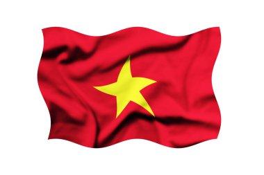 Vietnam bayrağı beyaz arka planda rüzgarda sallanıyor. 3D görüntüleme. Kırpma yolu dahil