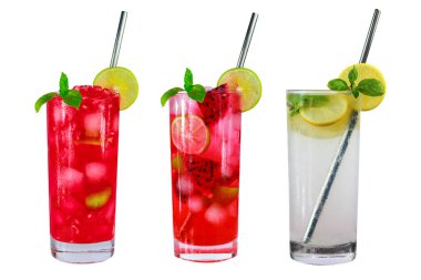 Beyaz arka planda ejderha meyveli mojito limonlu mojito nar mojito, Virjin Mijito.