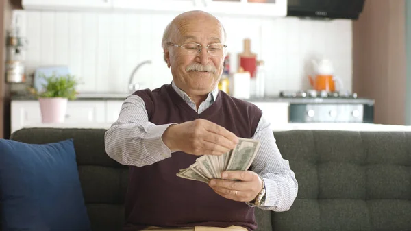 Happy old man excited about his dollars. The old man is sitting on the sofa and counting the banknotes. Portrait of a happy person because he is making a lot of money from betting.