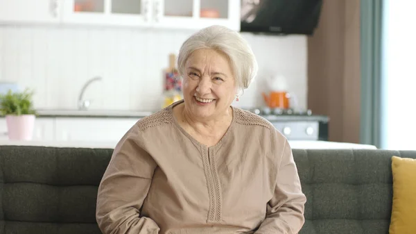 安详的老妇人在安静的家里休息 寂寞的老妇人一个人坐在沙发上 安安静静地呆在家里 对着相机笑着 美丽的白发老妇人的画像 — 图库照片