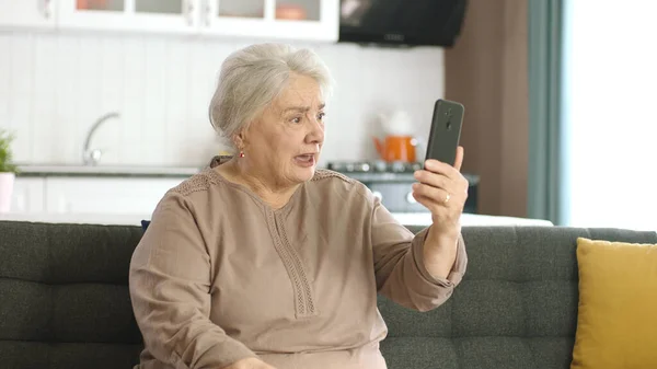 老年妇女与亲戚一起打视频电话 看着相机 坐在舒适的沙发上 老年人的技术使用概念 — 图库照片