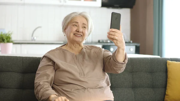 Senior woman smiling, making video call with relatives, looking at camera and waving, sitting on comfortable sofa. Technology use concept with the elderly.