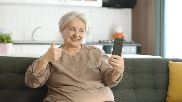Старшая Женщина Улыбается Наслаждается Видеозвонком Родственниками Смотрит Камеру Машет Сидит — стоковое фото