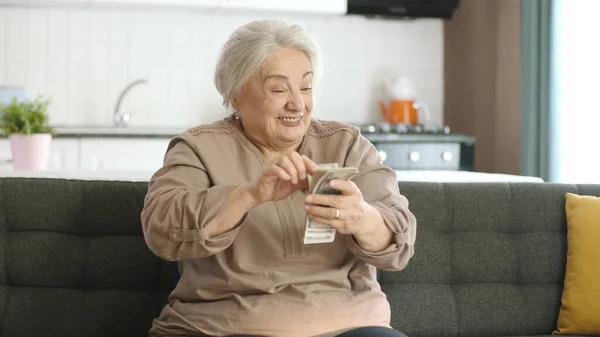 老年妇女坐在客厅的沙发上数着钞票 计算着美元 预算支票 退休金 快乐的老年妇女数着美元钞票 — 图库照片