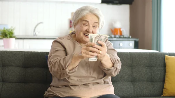 Starší Žena Sedící Pohovce Obývacím Pokoji Počítající Bankovky Počítající Dolary — Stock fotografie
