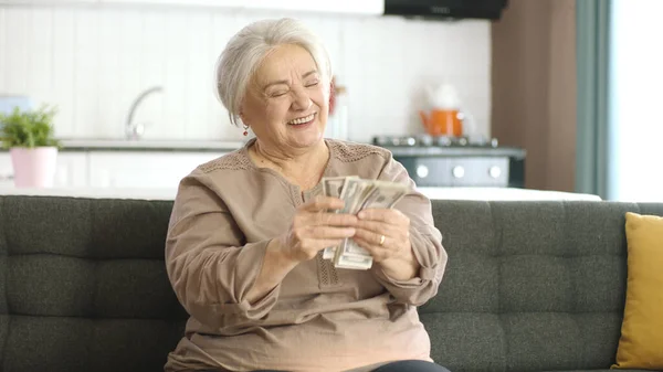 Oturma Odasında Kanepede Oturan Yaşlı Kadın Banknotları Sayıyor Dolarları Hesaplıyor — Stok fotoğraf