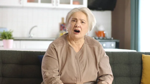 一位白发苍苍的老妇人正在和另一个人在网上视频通话中争吵 愤怒的老年妇女在家里客厅的沙发上用笔记本电脑进行视频通话 前视镜 — 图库照片